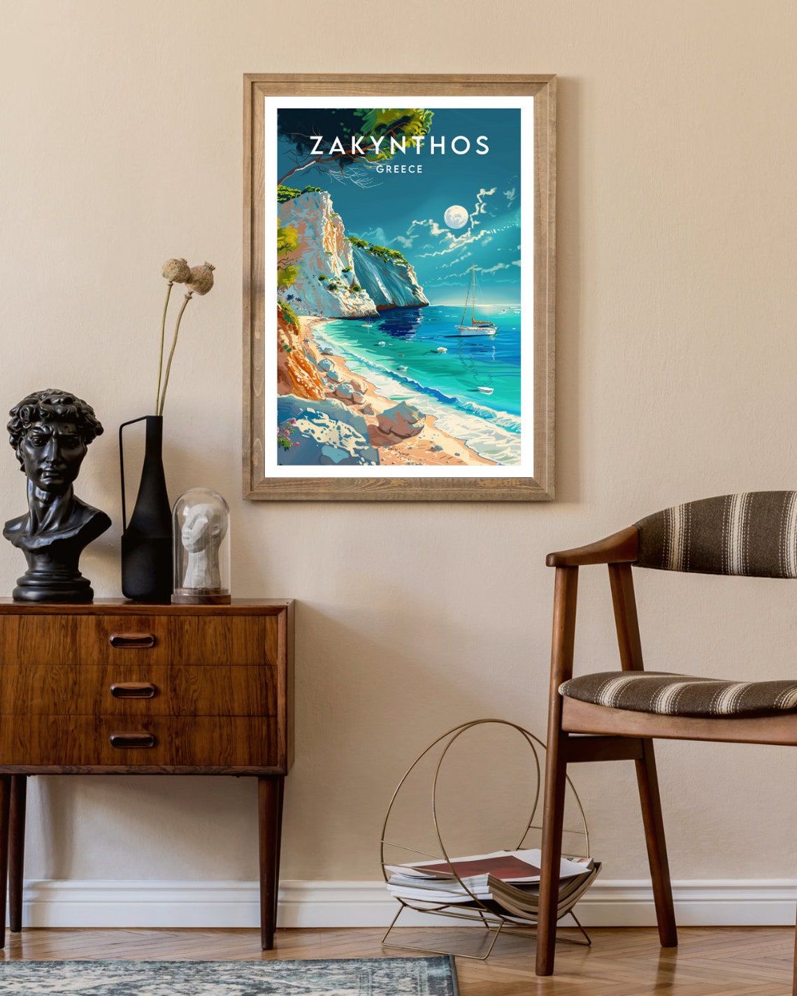 Zakynthos Greece Moonlit Cliffs Sandy Beach Sailboat Scenic Poster - Image 2