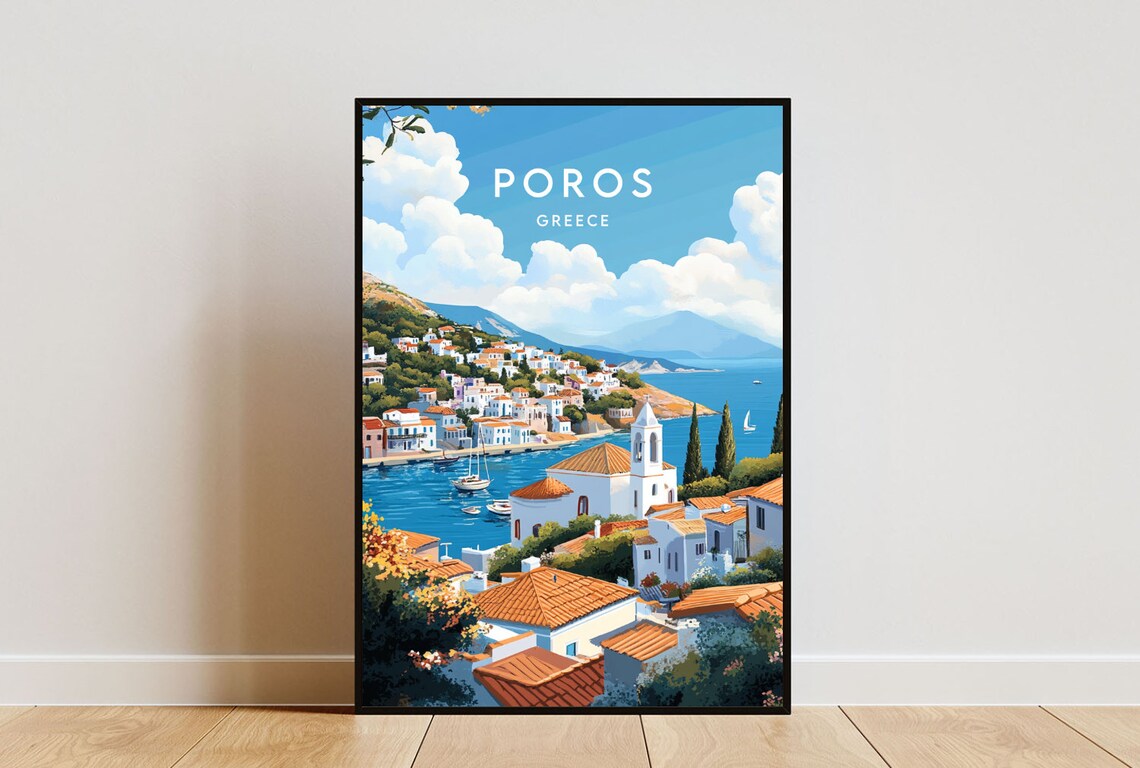 Poros Greece Island Bay White Houses Sunny Travel Art Poster