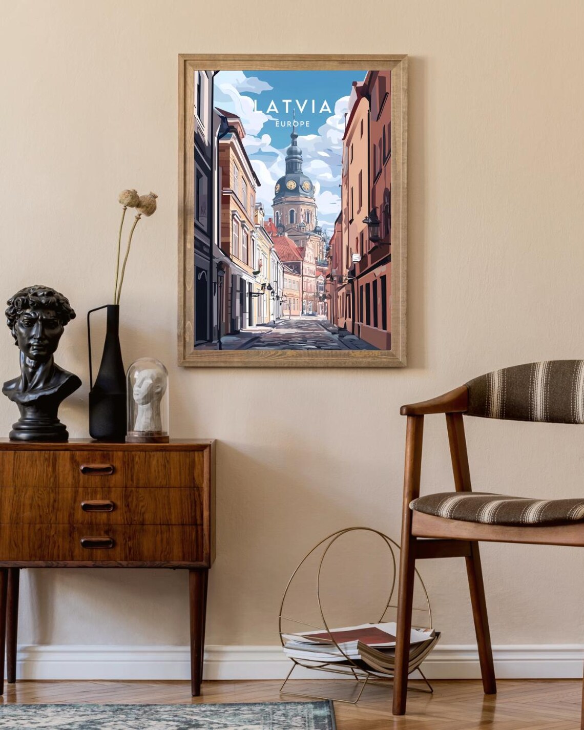 Latvia Europe Cobblestone Street Domed Church Vintage Travel Poster - Image 2
