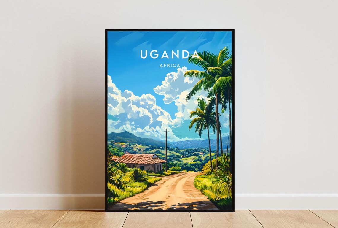 Uganda Africa Country Road Farmhouse Palm Trees Vintage Travel Poster