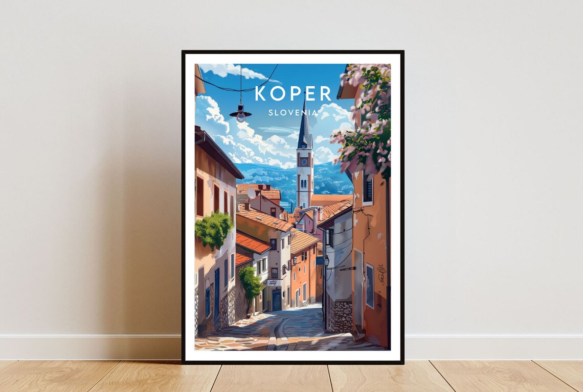 Koper Slovenia Old Town Street Church Bell Tower Sea View Poster
