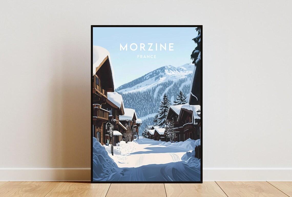 Morzine France Snow Covered Village Street Timbered Chalets Travel Poster