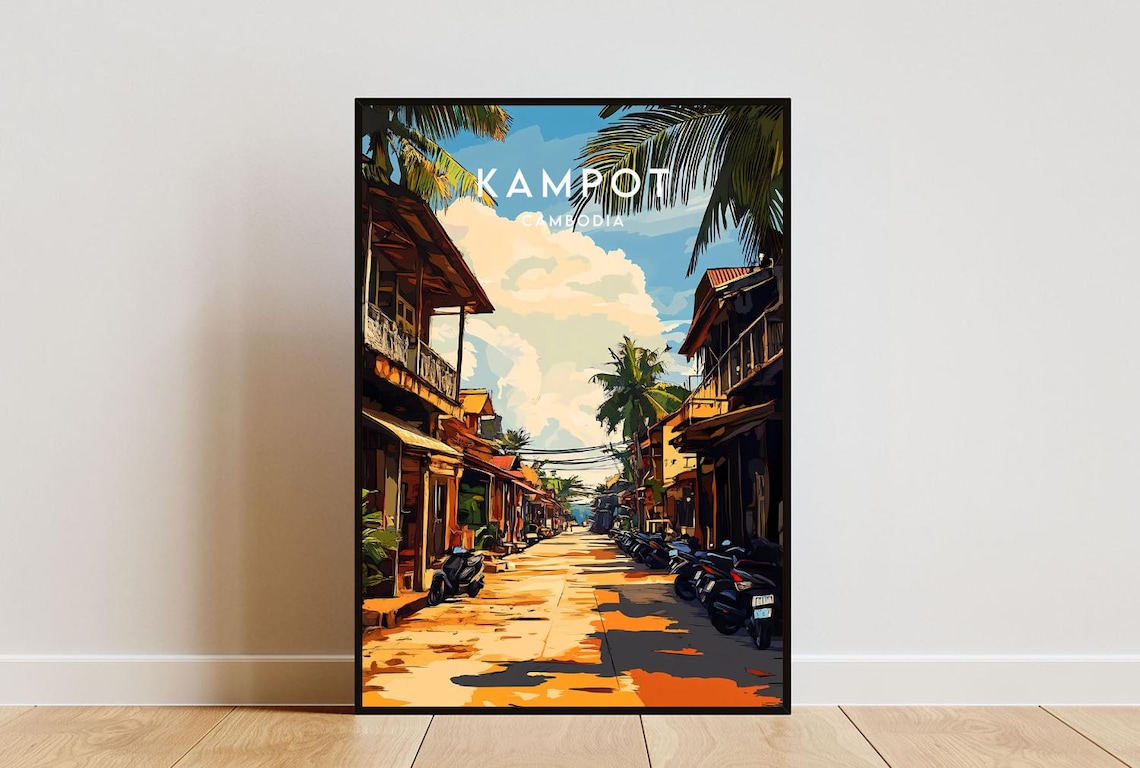 Kampot Cambodia Old Shophouse Street Motorbikes Travel Poster