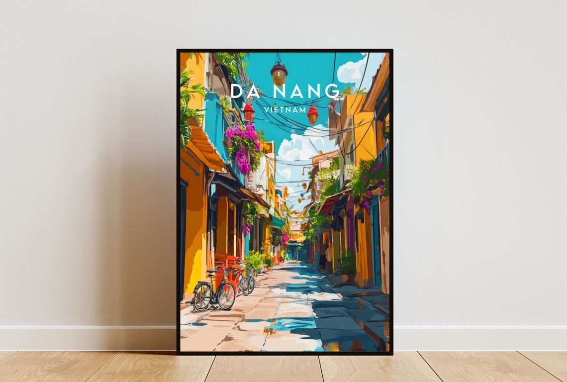 Da Nang Vietnam Lantern Lit Old Street Bicycles Vintage Travel Poster