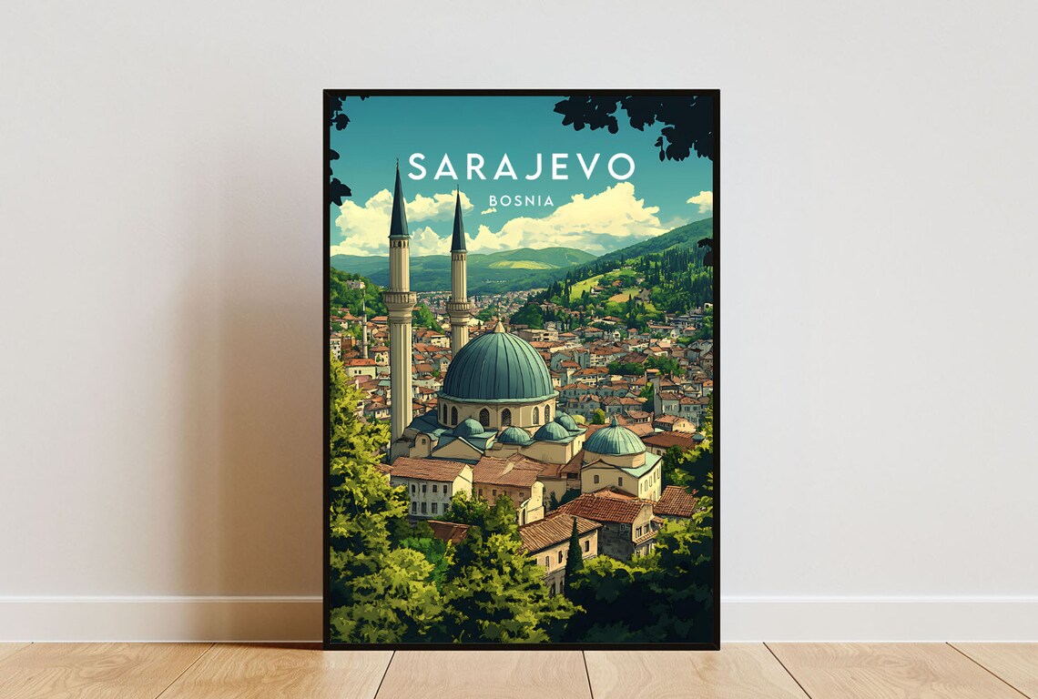Sarajevo Bosnia Mosque Minarets Hillside Vintage Travel Poster