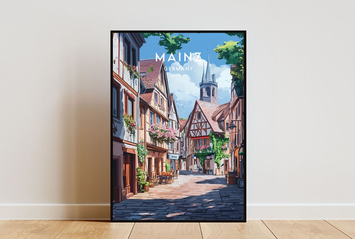Mainz Germany Half Timbered Street Flower Balconies Travel Poster