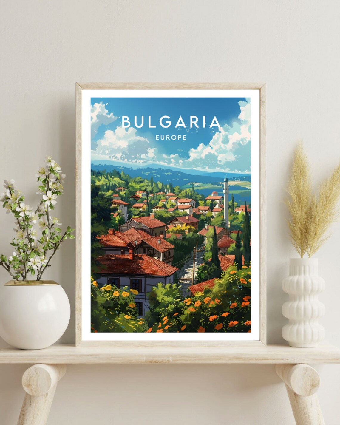 Bulgaria Europe Red Roof Village Green Hills Scenic Travel Poster - Image 4
