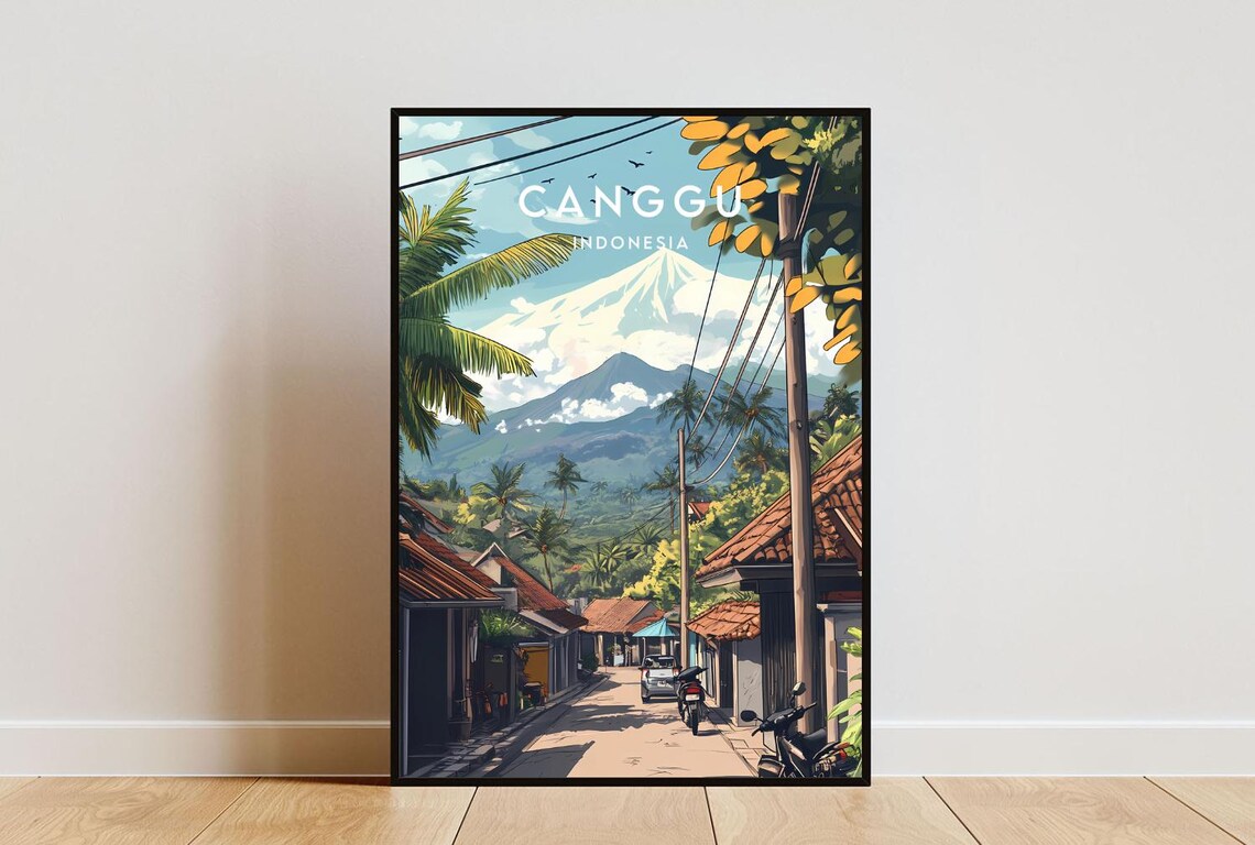 Canggu Indonesia Tropical Street Volcano Vintage Travel Poster
