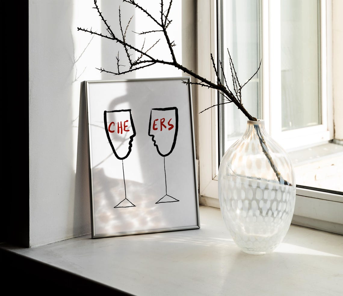 Funny Cheers Wine Glass Faces Minimalist Line Art Bar Poster - Image 2
