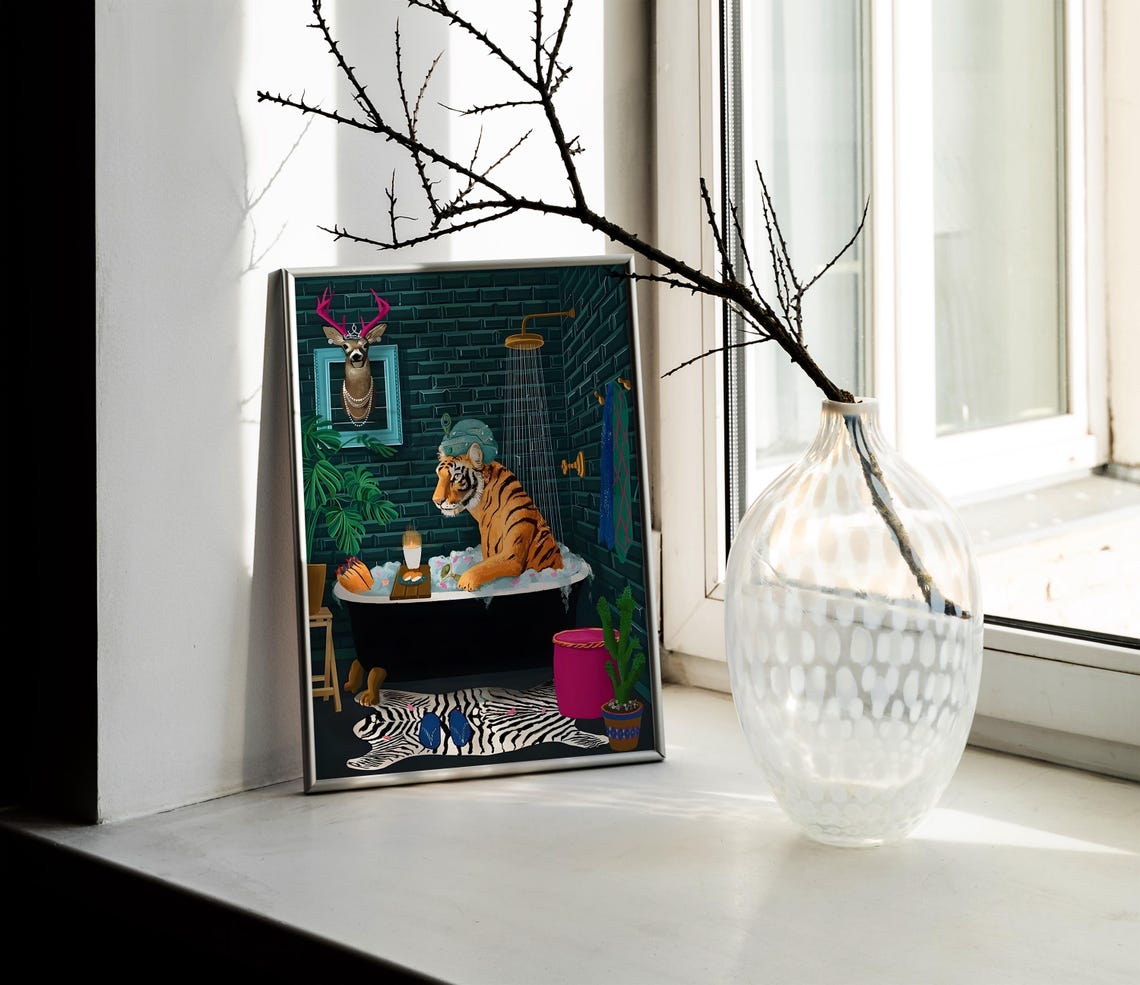 Tiger Bubble Bath Clawfoot Tub Teal Maximalist Bathroom Poster - Image 2