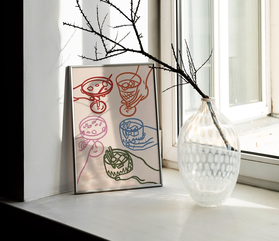 Colorful Hand Drawn Line Art Cocktail Glasses Toast Bar Poster - Image 2