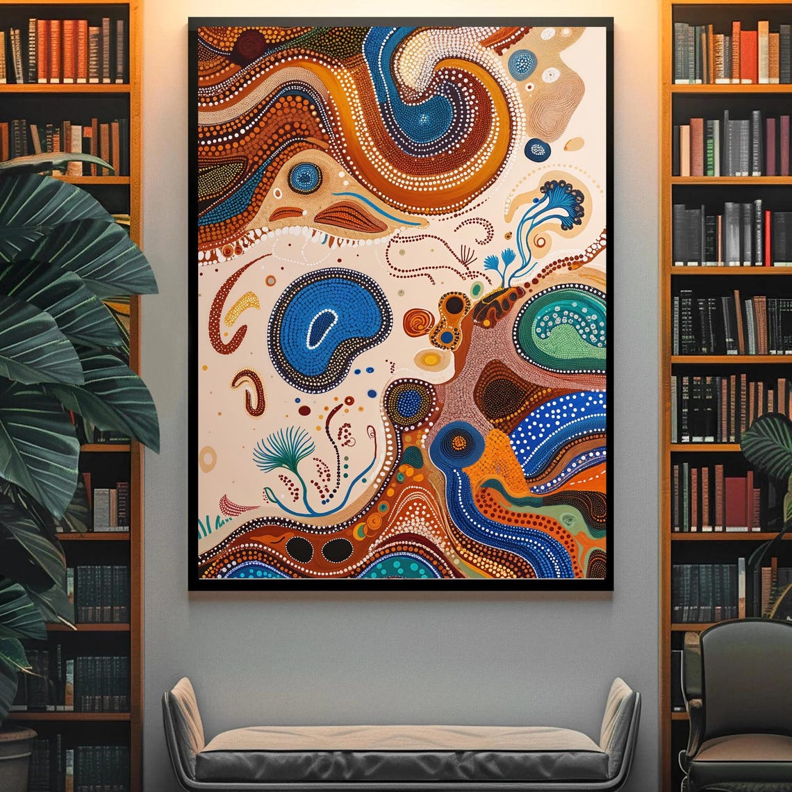 Australian Aboriginal Dot Painting In Earthy Blue And Orange Poster - Image 4