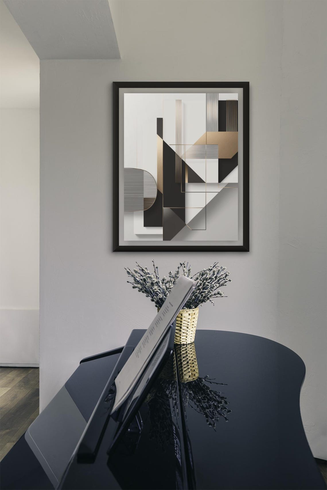 Black White Gold Geometric Abstract With Striped Circle Art Poster - Image 3