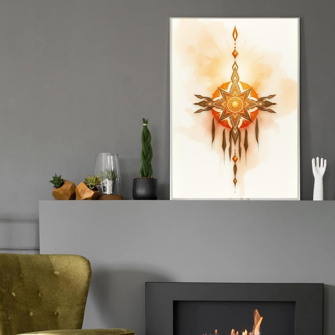 Boho Mandala Sun Star Orange Watercolor Tribal Spiritual Poster - Image 2