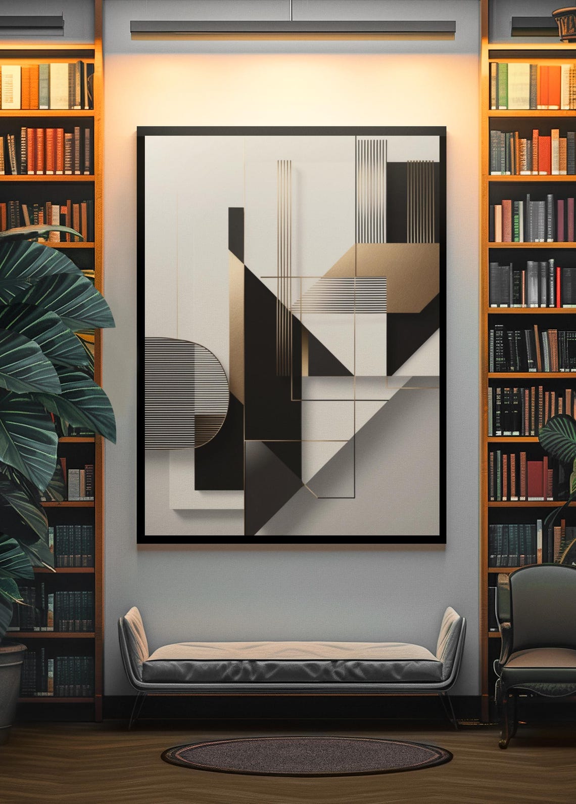 Black White Gold Geometric Abstract With Striped Circle Art Poster - Image 4