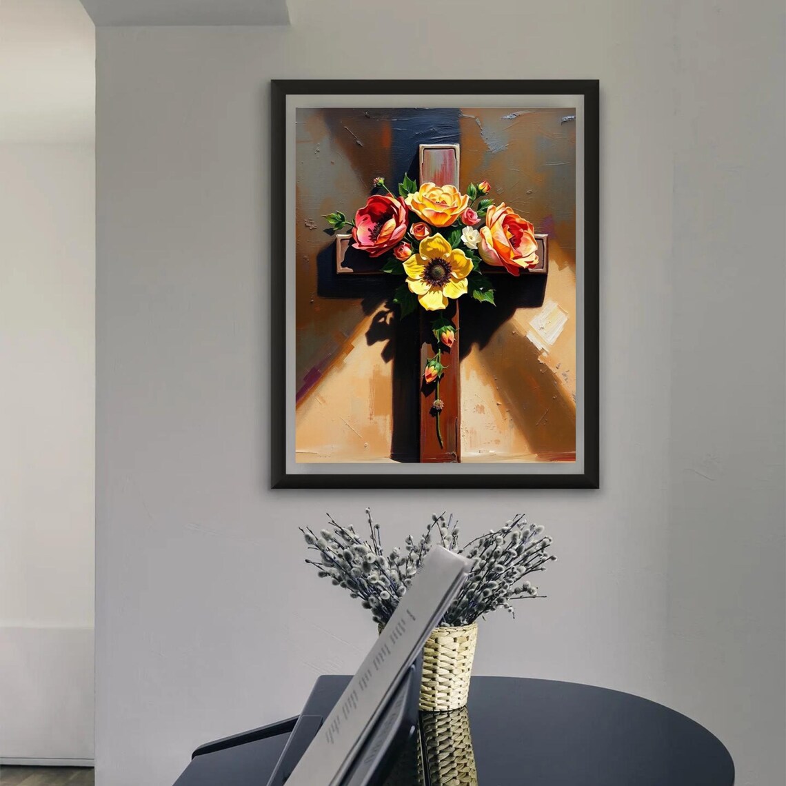 Wooden Cross With Red And Yellow Roses Warm Light Faith Wall Poster - Image 3