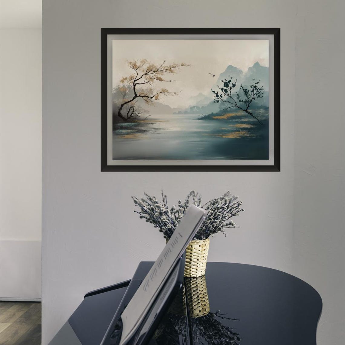 Misty Japanese Mountain Lake With Trees And Birds Zen Wall Poster - Image 4