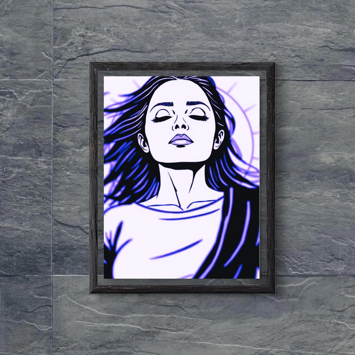 Spiritual Woman Closed Eyes Flowing Hair Blue Line Art Meditation Zen Poster