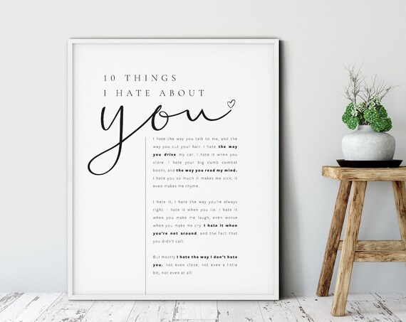Ten Things I Hate About You Poem Movie Quote Script Heart Wall Art Poster