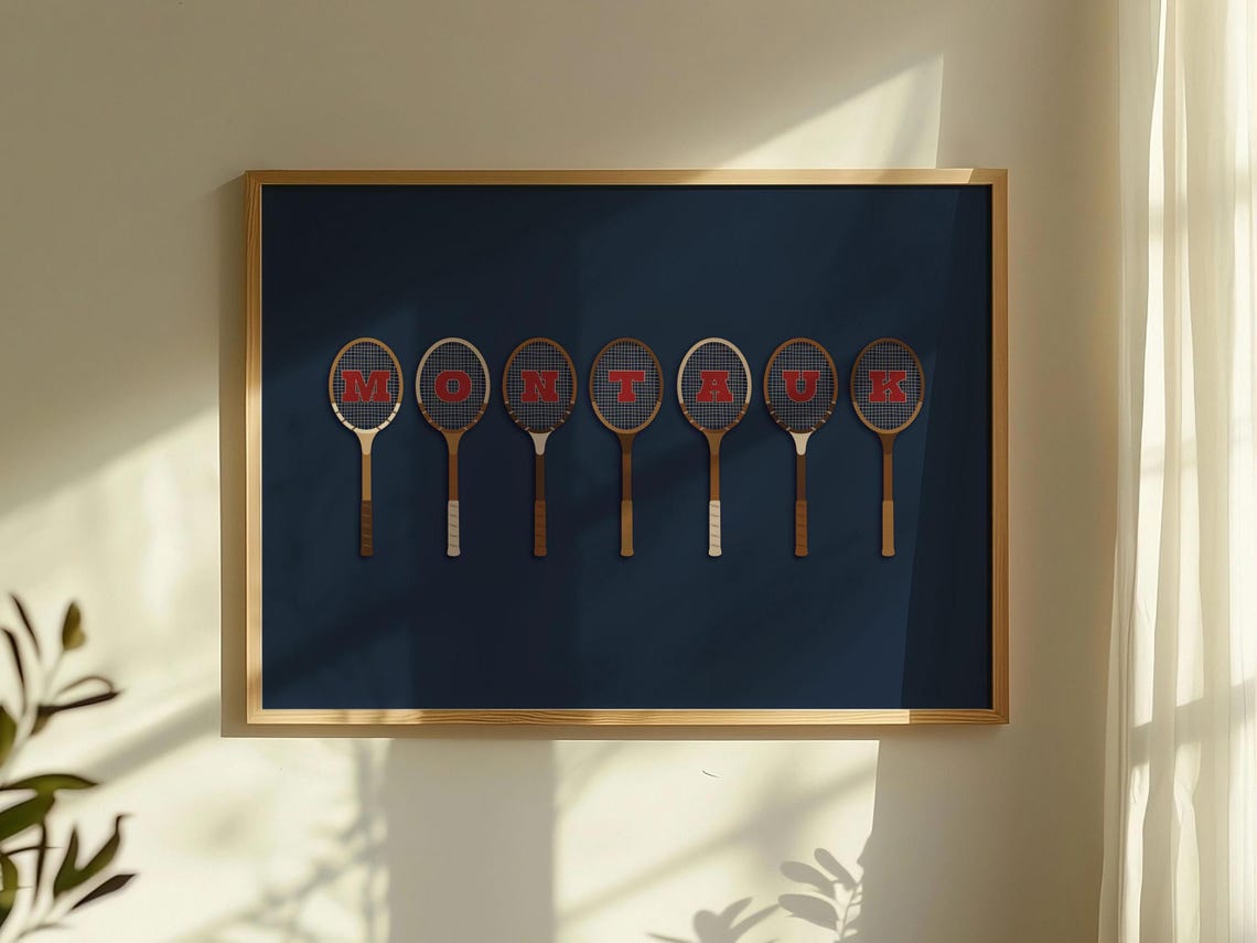 Montauk Retro Wooden Tennis Racket Letter Navy Background Poster