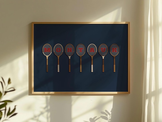 Montauk Retro Wooden Tennis Racket Letter Navy Background Poster