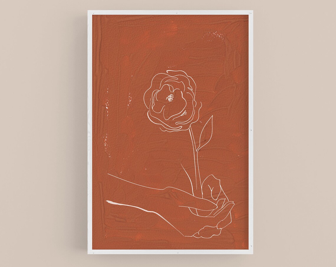 Terracotta Hand Holding Rose Flower White Line Drawing Wall Art - Image 3