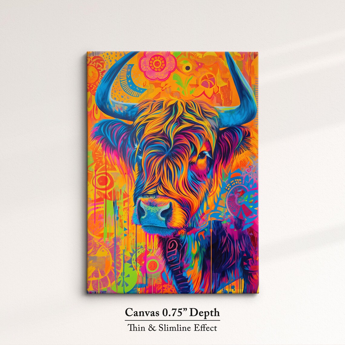 Highland Cow Colorful Rainbow Shaggy Hair Floral Portrait Poster - Image 4