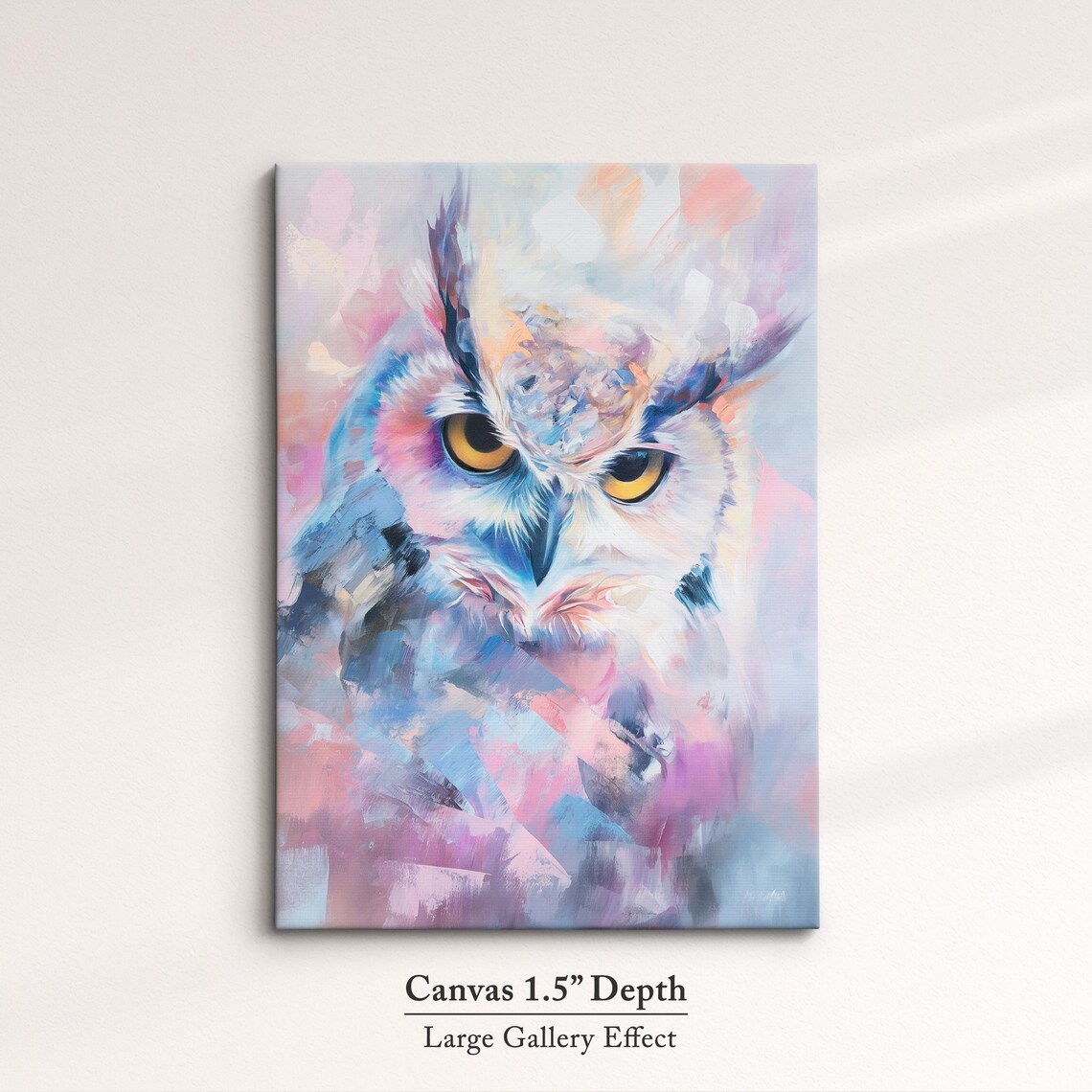 White Horned Owl Yellow Eyes Pink Blue Pastel Abstract Bird Art Poster - Image 3