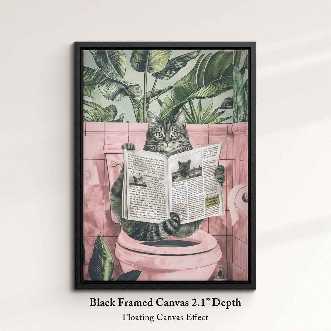 Funny Tabby Cat Reading Newspaper On Toilet Pink Bathroom Art Poster - Image 2