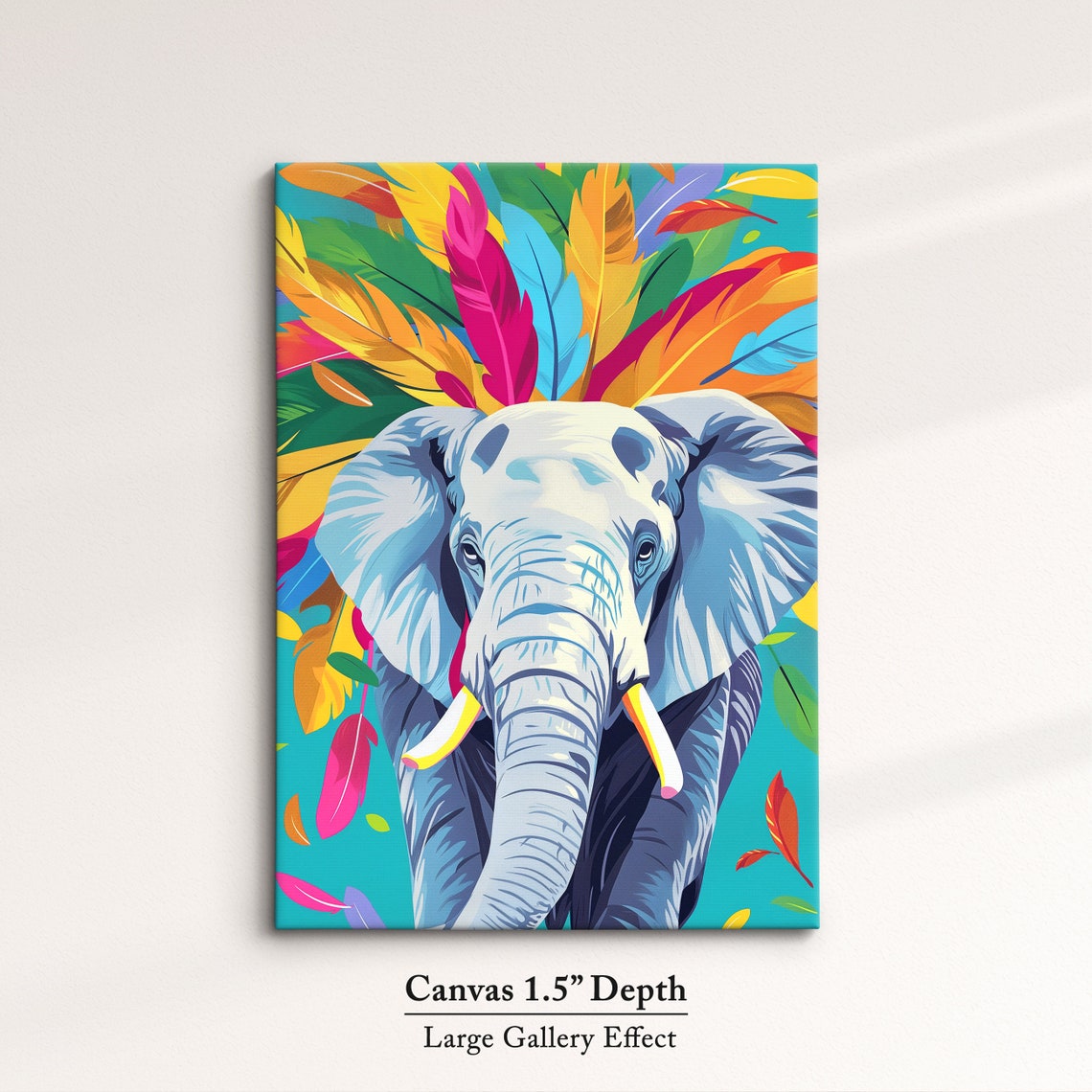 Elephant Front Portrait With Colorful Feathers Turquoise Art Poster - Image 3