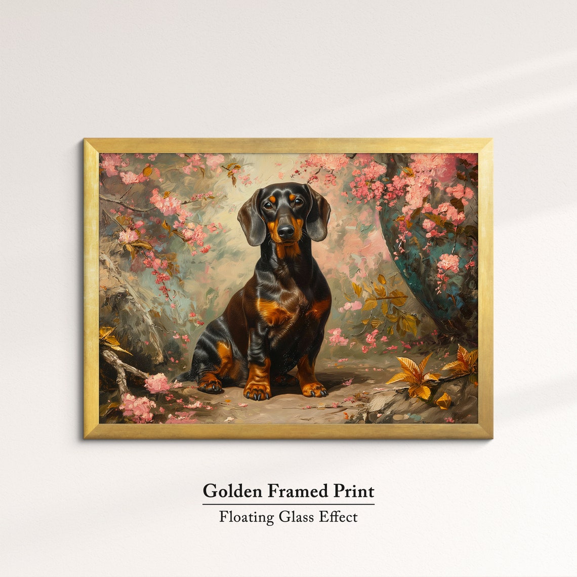 Black And Tan Dachshund In Pink Blossoms Golden Leaves Art Poster - Image 5