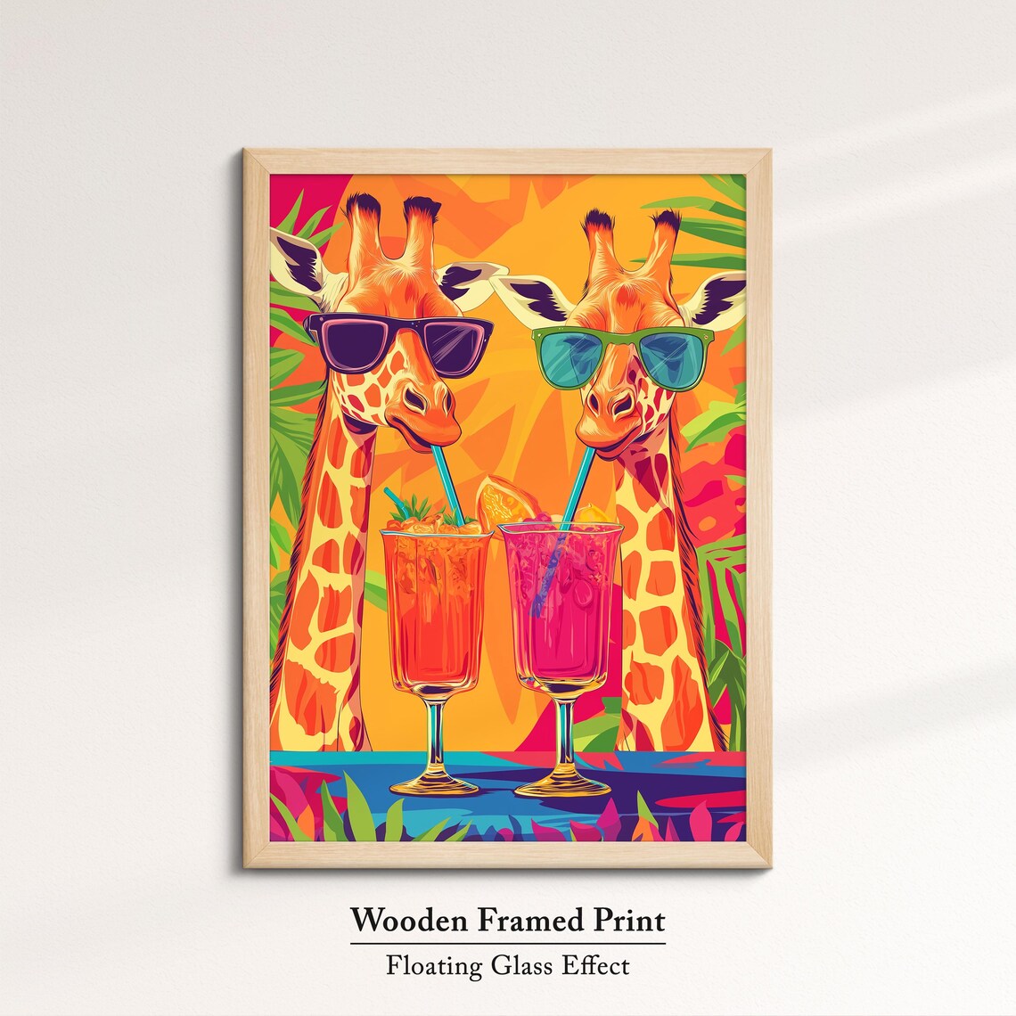 Two Giraffes Sunglasses Sipping Tropical Drinks Fun Pop Art Safari Poster - Image 6