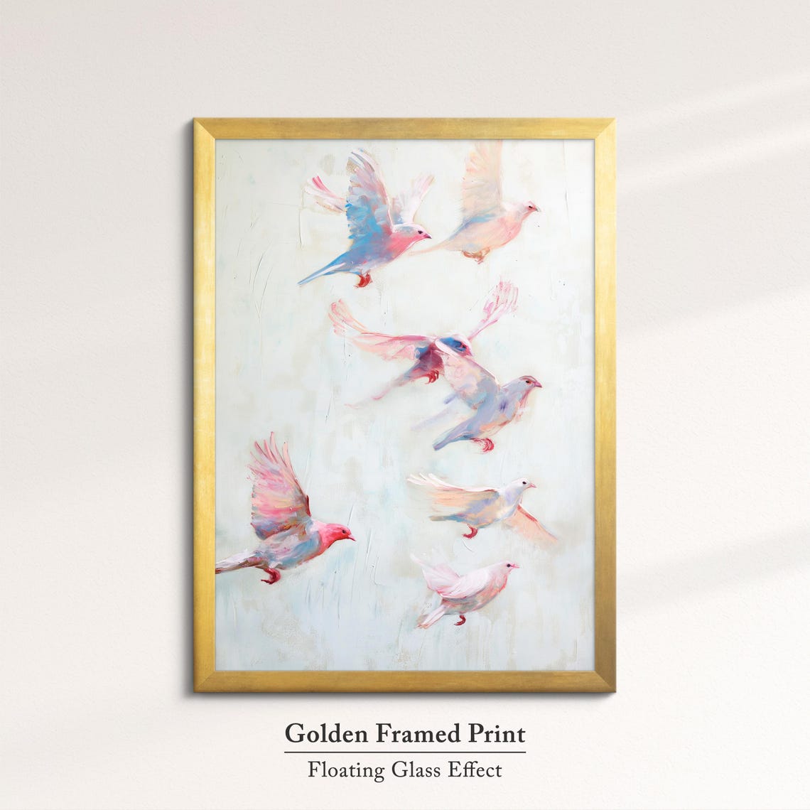 Pink Birds In Flight Soft White Pastel Flock Abstract Wall Art - Image 5