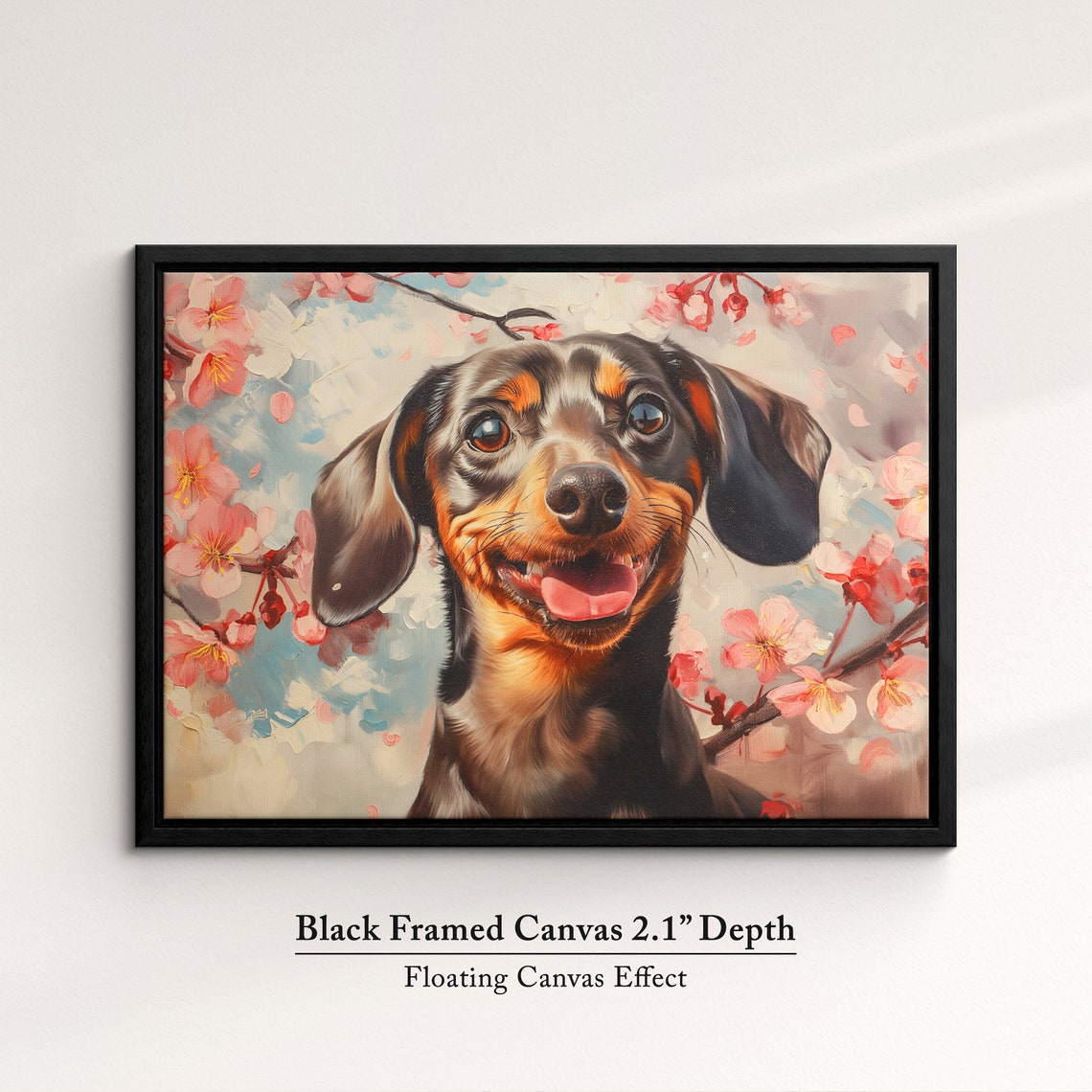 Cheerful Dachshund Face Close Up In Spring Cherry Blossoms Art Poster - Image 2