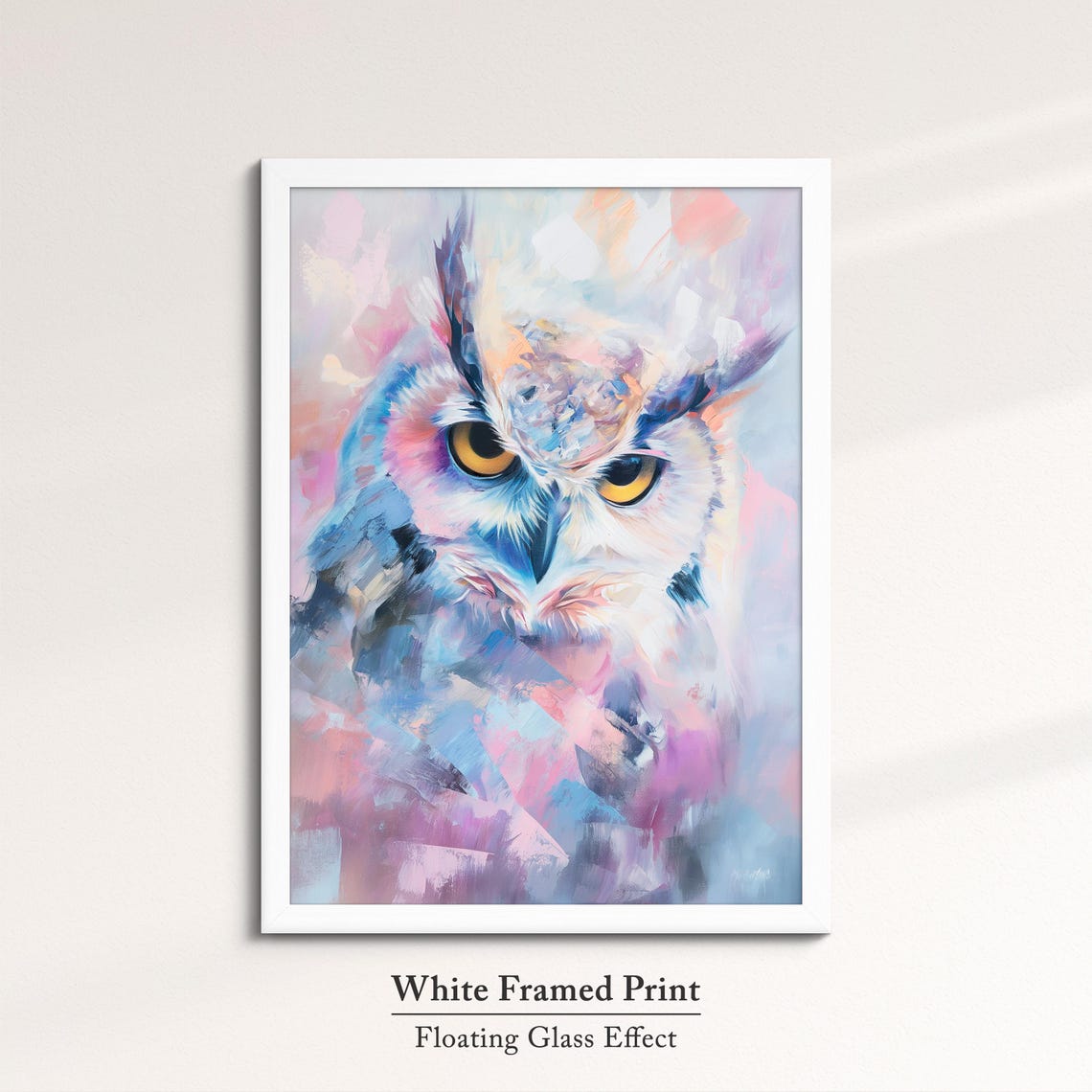 White Horned Owl Yellow Eyes Pink Blue Pastel Abstract Bird Art Poster - Image 7
