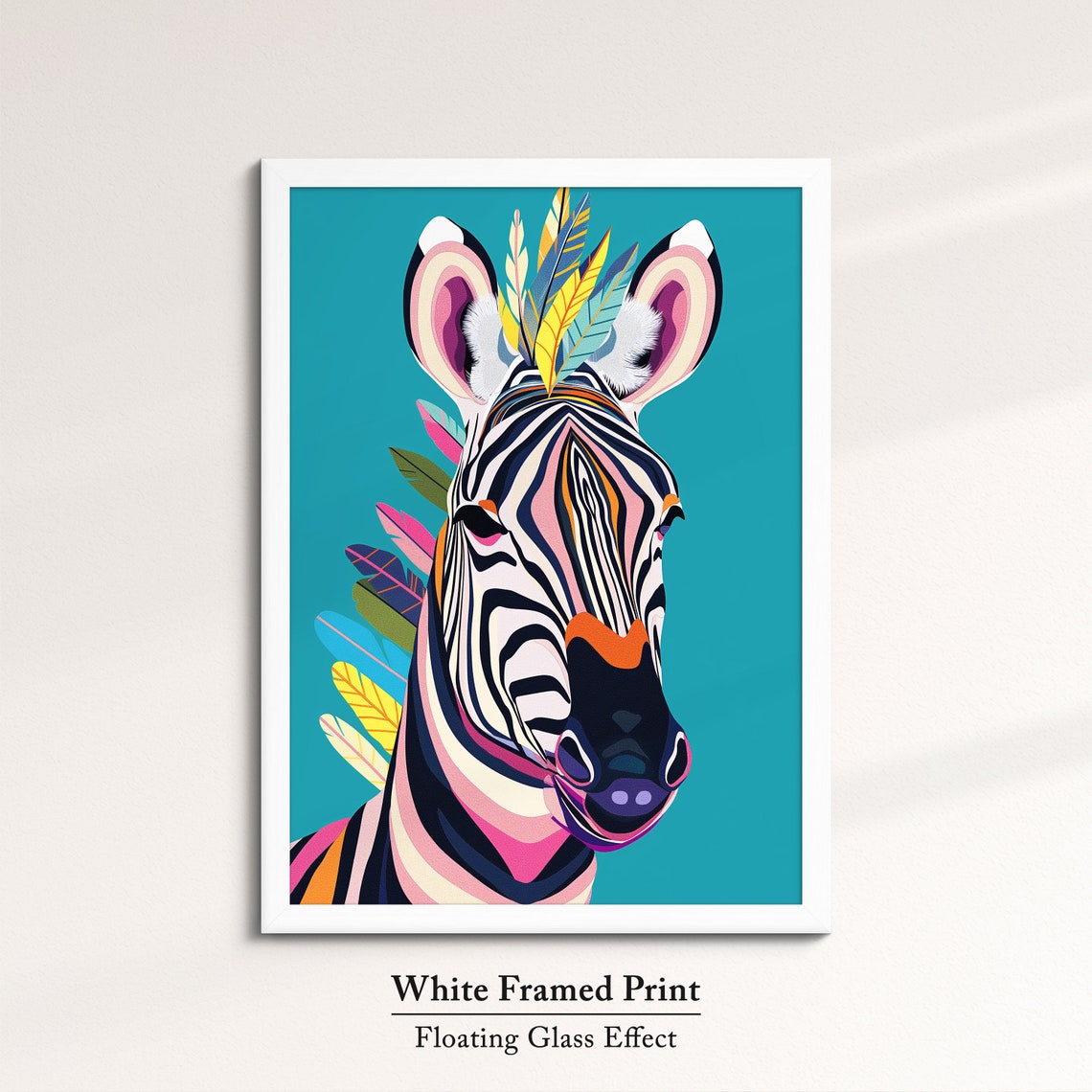 Zebra Head Portrait With Colorful Feathers Teal Background Art Poster - Image 7