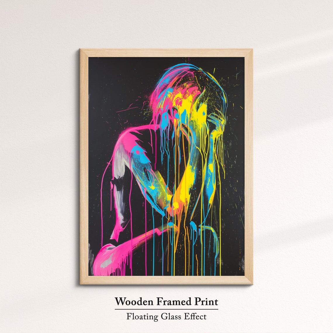 Seated Woman Silhouette In Neon Paint Drips Dark Abstract Art Poster - Image 6