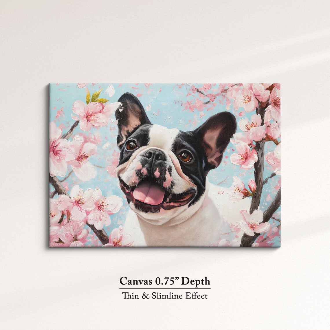 Black And White French Bulldog Smiling In Spring Cherry Blooms Poster - Image 4
