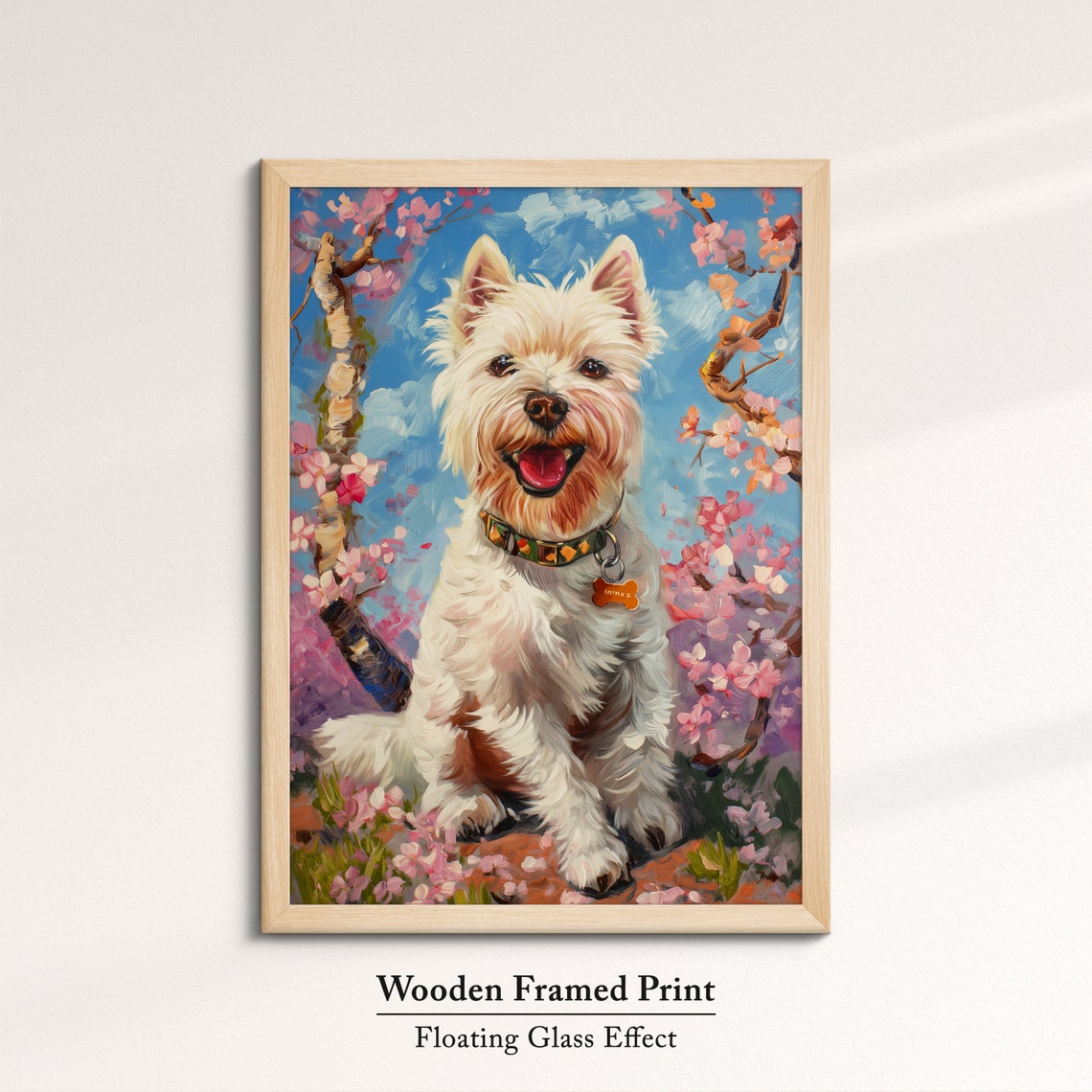 Smiling Westie With Bone Collar Tag In Blossom Branches Sky Art Poster - Image 6