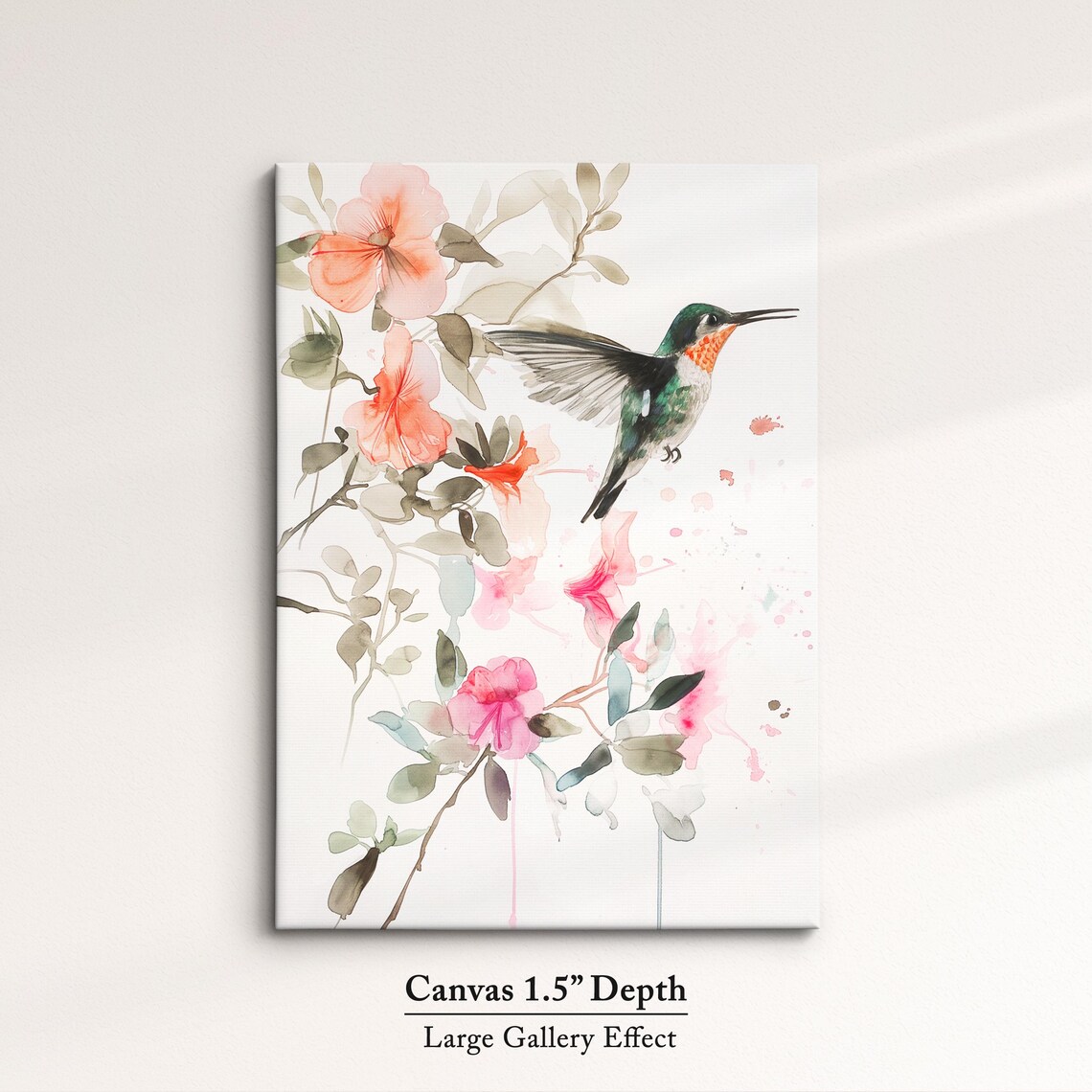 Hummingbird Pink Blossoms Soft Watercolor Floral Bird Wall Art Poster - Image 3