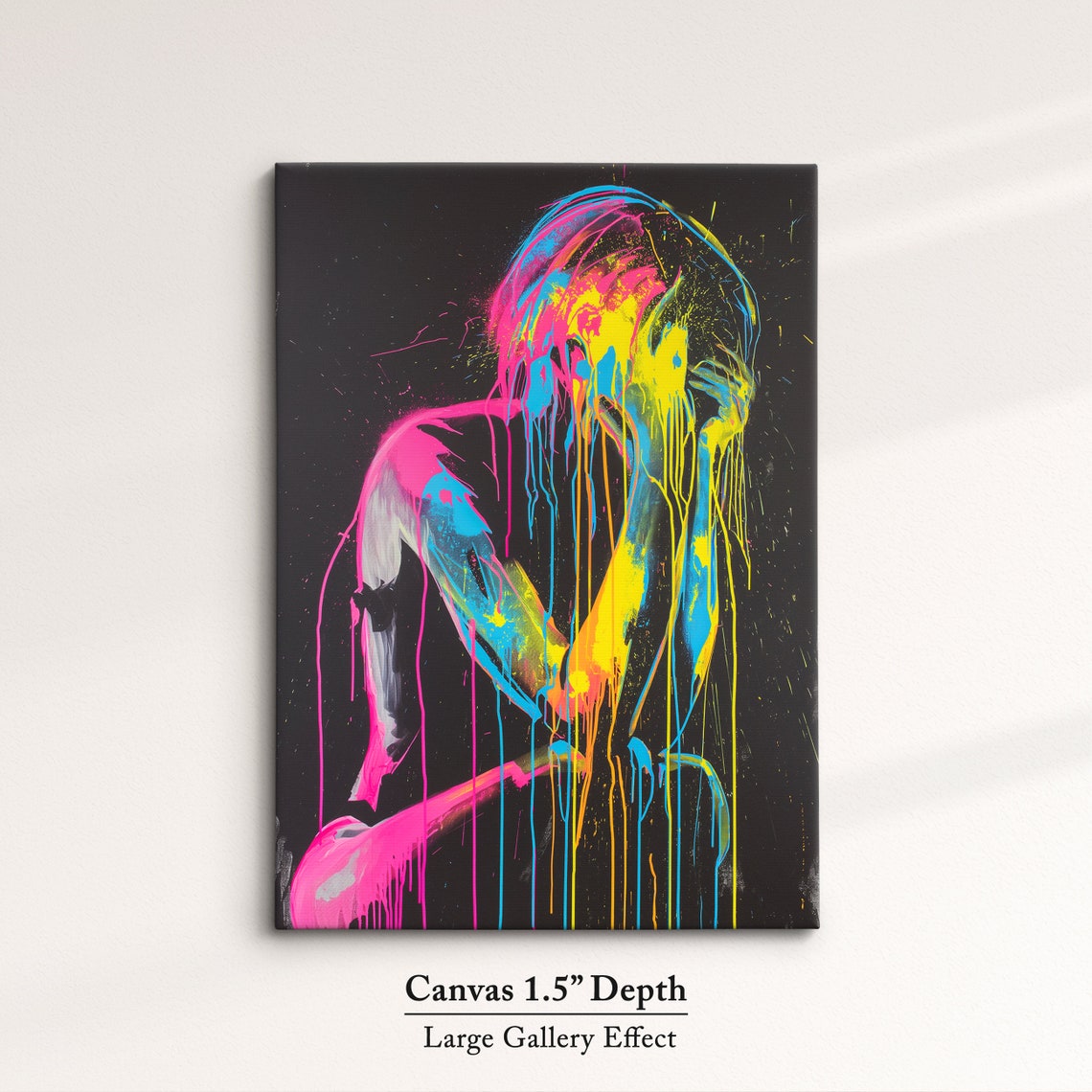 Seated Woman Silhouette In Neon Paint Drips Dark Abstract Art Poster - Image 3