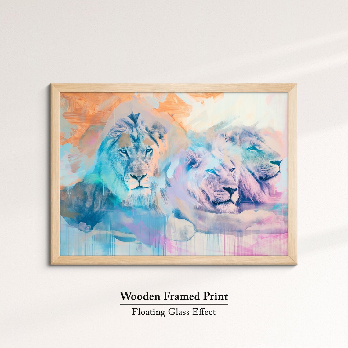 Lion Pride Trio Soft Watercolor Blue Orange Abstract Wildlife Poster - Image 6