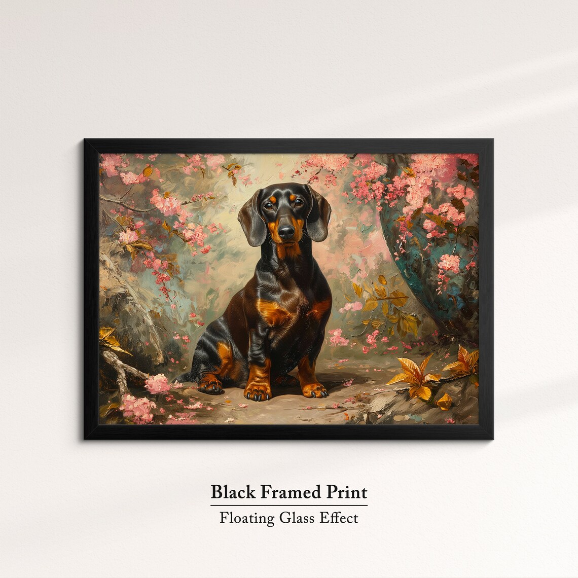 Black And Tan Dachshund In Pink Blossoms Golden Leaves Art Poster - Image 8