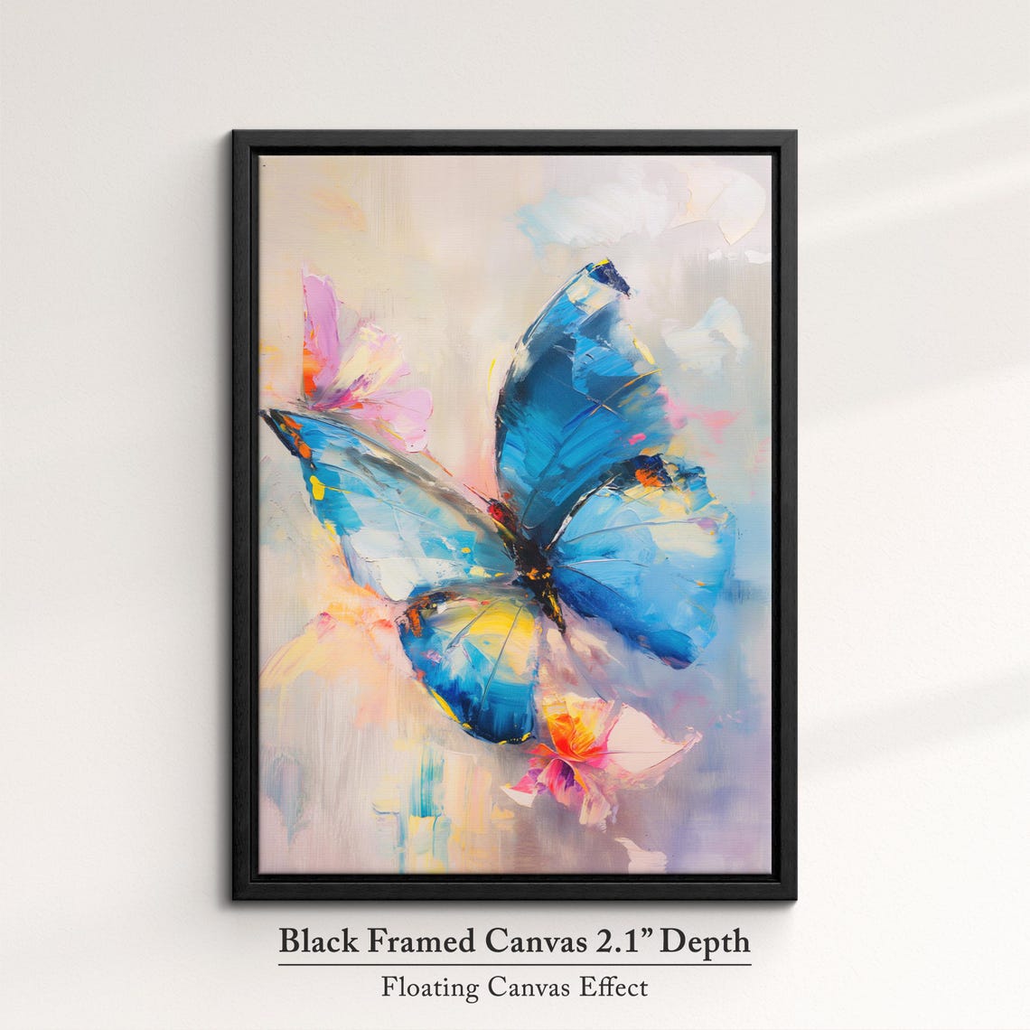 Blue Butterfly In Flight Pink Flower Soft Pastel Nature Wall Art - Image 2