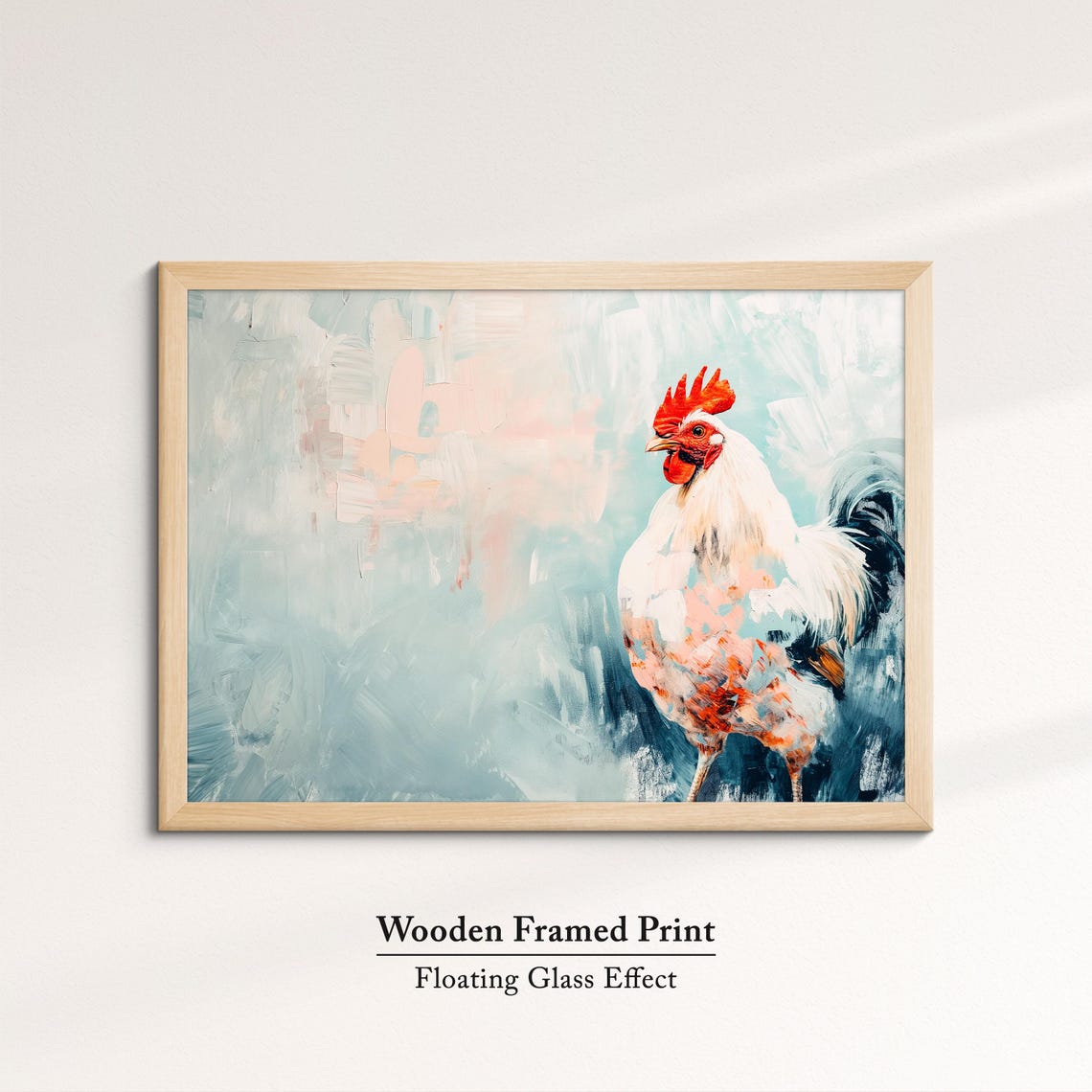 White Rooster Soft Pastel Blue Abstract Standing Farm Bird Art Poster - Image 6
