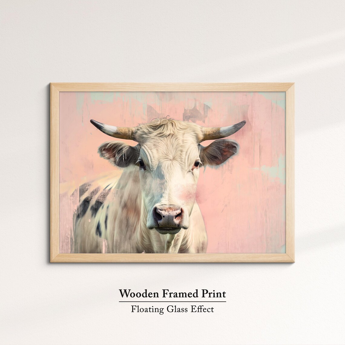 White Horned Cow Pink Pastel Farm Animal Portrait Painting Art Poster - Image 6