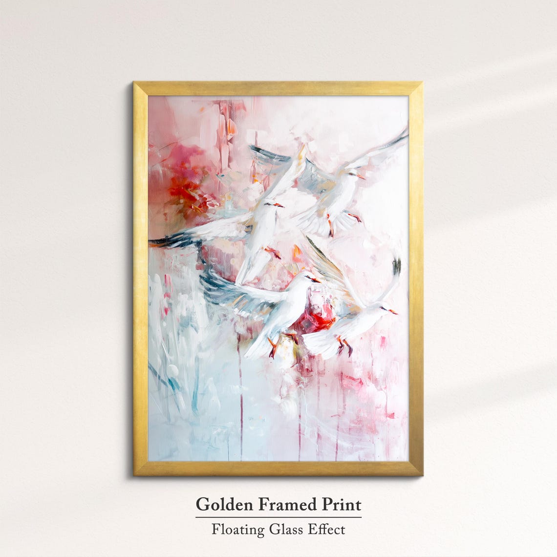 White Seagulls In Flight Pink Abstract Coastal Bird Wall Art - Image 5