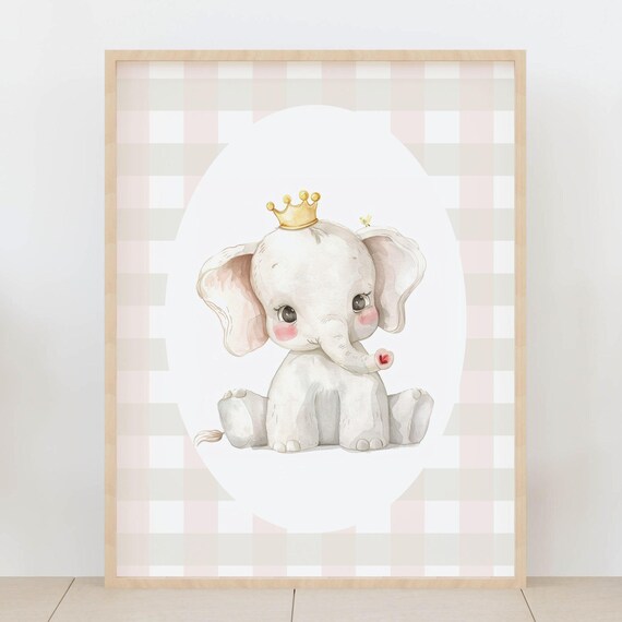 Baby Elephant With Gold Crown Watercolor Nursery Room Poster