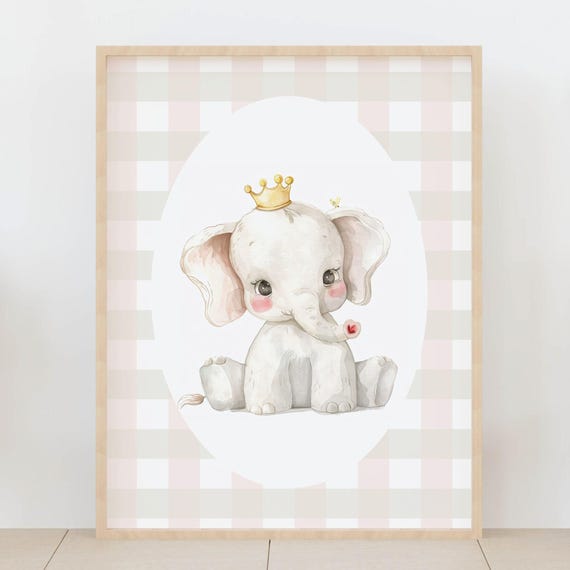 Gingham Animal Print Of Baby Elephant Safari Decor Watercolor Jungle Theme Kids Room Poster