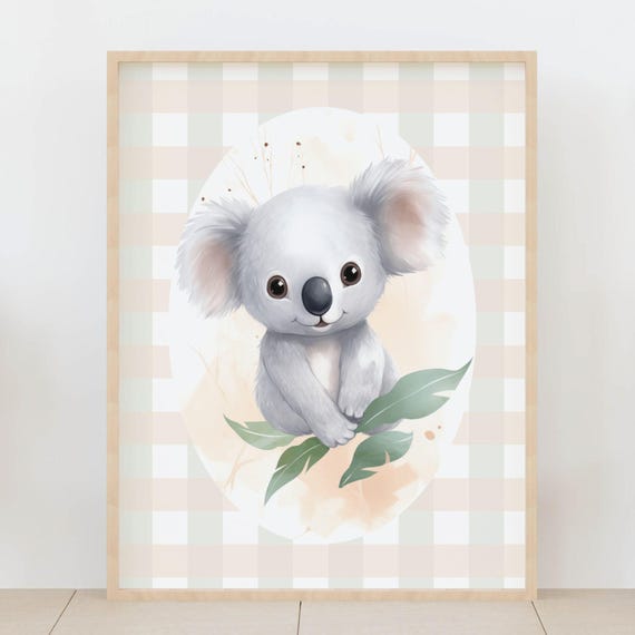 Gingham Animal Print Of Baby Koala Australian Decor Watercolor Jungle Kids Room Poster
